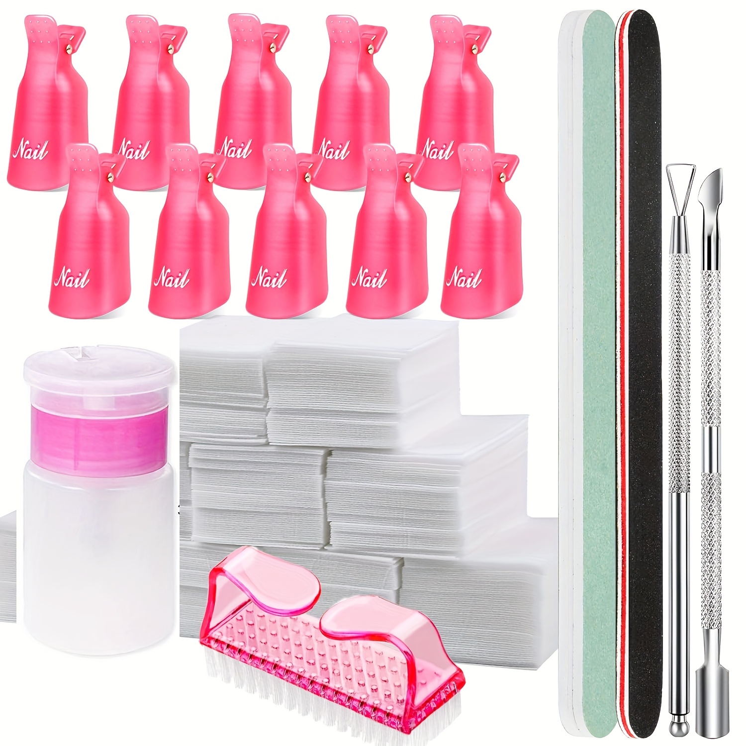 Image of Nail Polish Gel Remover Tool Kit, With Nail Clips, 100ml Nail Polish Remover Bottle (empty), 500pcs Nail Remover Pads, Nail Brush, Cuticle Pusher/nail File, 100/180 Grit Nail Files, Buffing Block