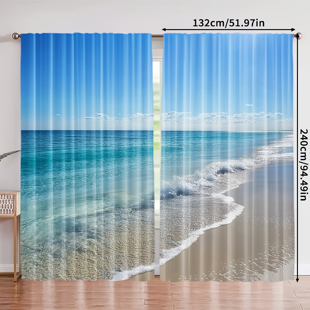 TEMU 2pcs, Rideau de fenêtre de plage d'été Scène de plage d'été Polyester ( tringle, mouvement, pile) Polyvalent pour tout pour salon, Draps de