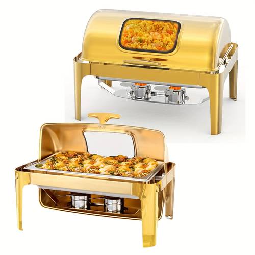 9qt roll top chafing dish buffet set golden rectangular nsf stainless steel buffet warmer chafers buffet warmers sets with thick frame for catering events parties weddings banquet dinners golden cooking