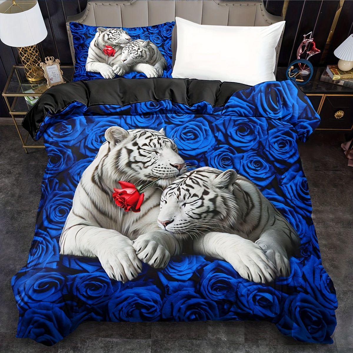 E-shop 2/3-teiliges Bettbezug-Set mit Weißem Tiger, weich und bequem, Tigerrosen-Bettbezug-Sets für King, Queen, rote blaue Rosenblumen-Bettwäsche für
