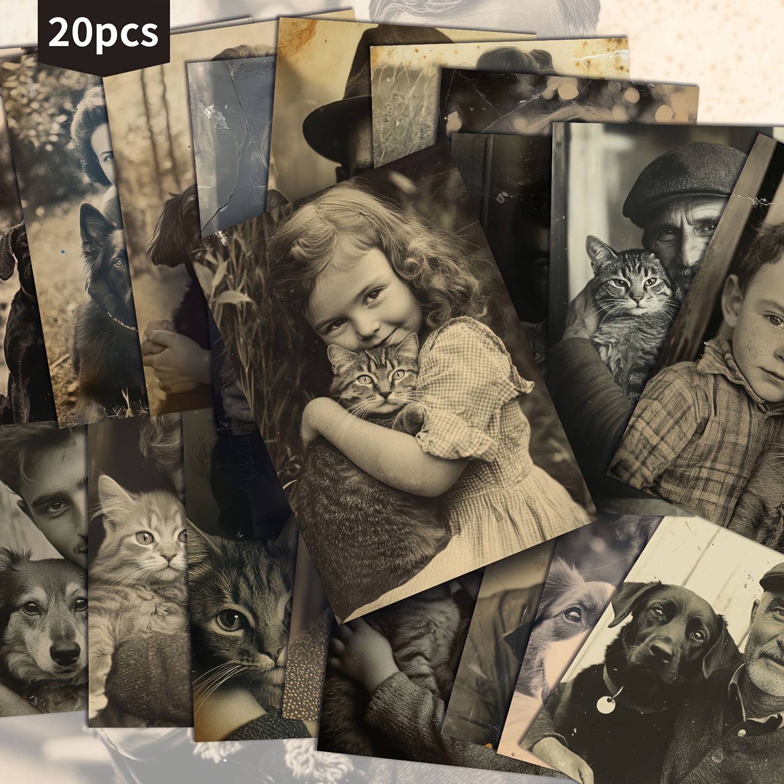 TEMU 20-pack Vintage Pet And Owner Portraits Animals Postcards - 4x6 Inches Retro Junk Journal Paper, Classic Pinup Illustrations, Collectible