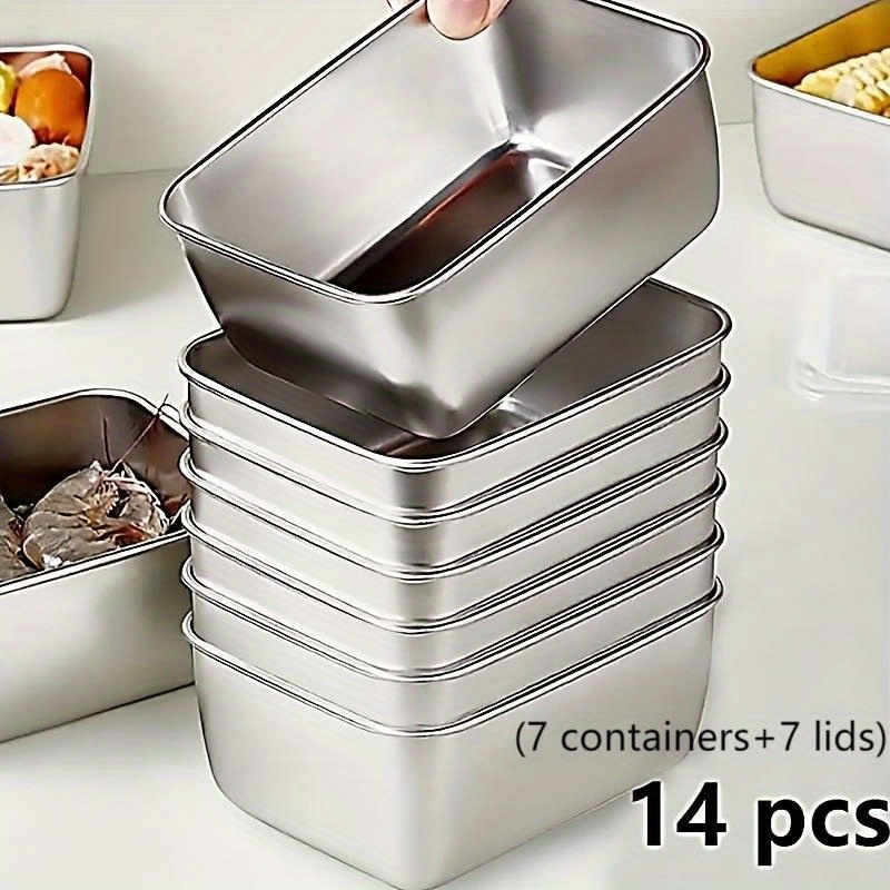 TEMU Ensemble de 14 récipients de préparation repas en acier inoxydable (7 plateaux + 7 couvercles) - Boîtes de rangement empilables et étanches,