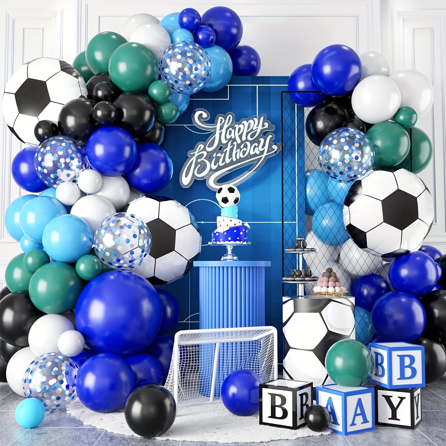 

116pcs Football Theme Balloon Set Green Black Blue White Football Latex Balloon For Football Theme Birthday Party Decoration Football Match Celebration Men's Single Party Preferred Balloon Set