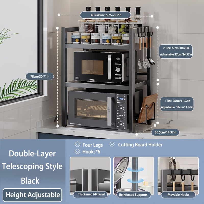 1pc Extendable Microwave Shelf Organiser - 3-tier Kitchen Shelf With 6 Hooks, Adjustable Worktop Storage From 40-64cm, Ideal For Spices, Utensils & Kitchen Essentials, Standing Shelf