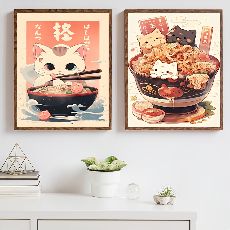 TEMU 2pcs Kawaii Canvas Paintings, Animal Cat Posters And Prints, Noodle Food Wall Art, Suitable For Kitchen Home Decoration, Unframed