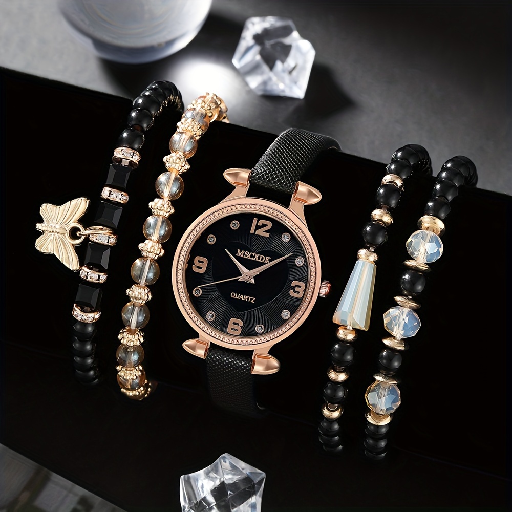 

5pcs Black Flower Quartz Watch Exquisite Bracelet Women's Casual Casual Round Rhinestone Hollow Pattern Bracelet Set