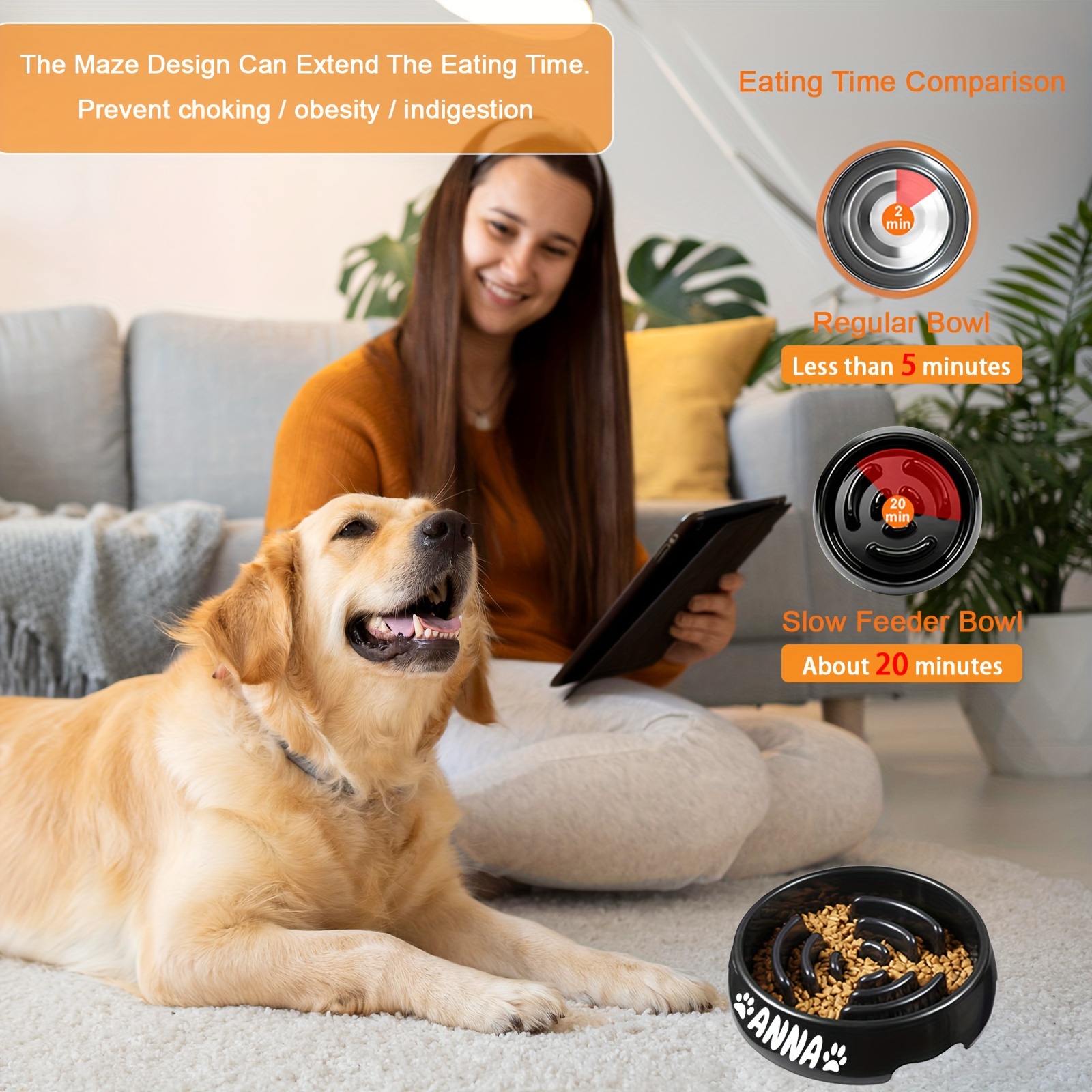 Personalized Slow Feeder Dog Bowl - Non-Slip Maze Puzzle for Large & Medium Breeds, Interactive Design Prevents Choking & Bloat, Customizable with Your Pet’s Name, Black, Dog Bloat Prevention | Puzzle Feeder Design | Custom Pet Product, Dog Slow Feeder Bowl