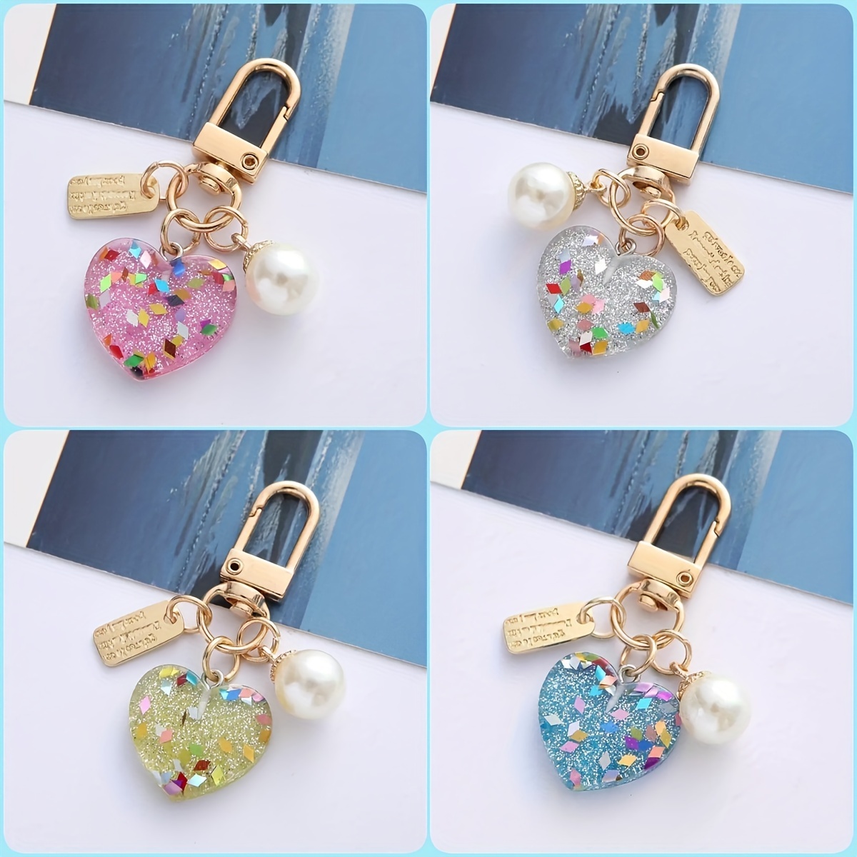 

Acrylic Heart Keychain With Imitation Pearl Charm - Sequin Love Keyring For Women - Carabiner Clip Key Holder, Cute Decoration For Headphones, Bags - Unique Birthday Gift Accessory Single Pack