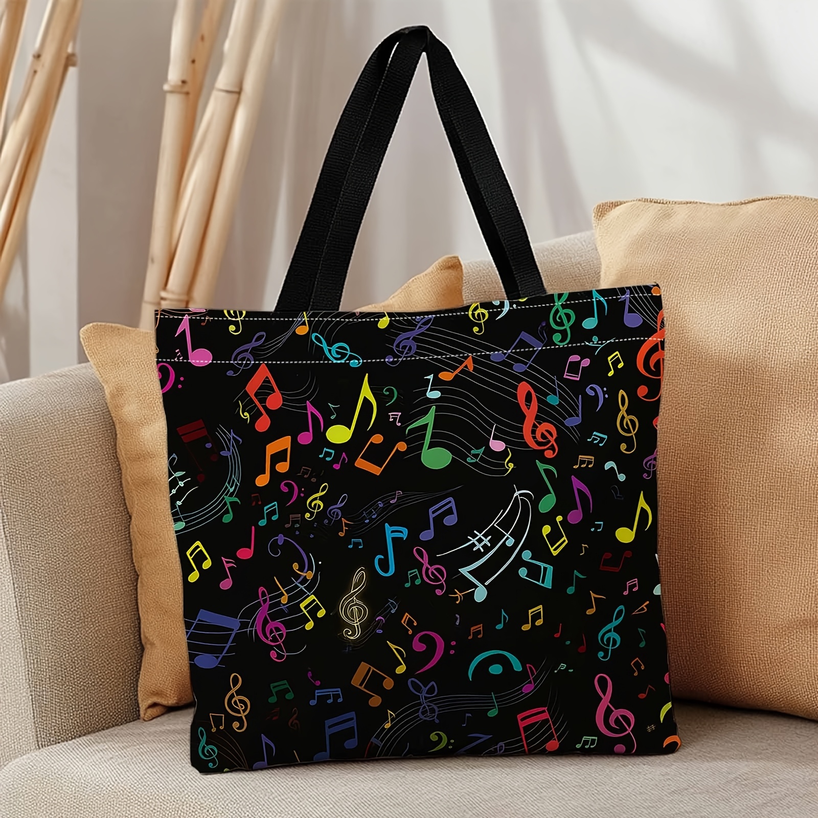 TEMU Women's Large Capacity Musical Note Print Tote Bag - Stylish Black Handbag With Music Note Pattern, Shoulder Bag For Beach, Travel, Shopping &