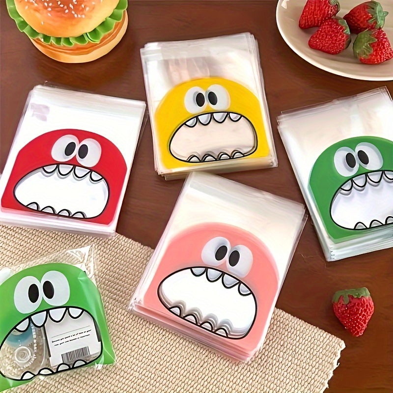 

[popular ] 50pcs Assorted Cartoon Monster Cute Gift Bags, Self-adhesive Plastic Packaging For Cookies, Snacks, And Candy