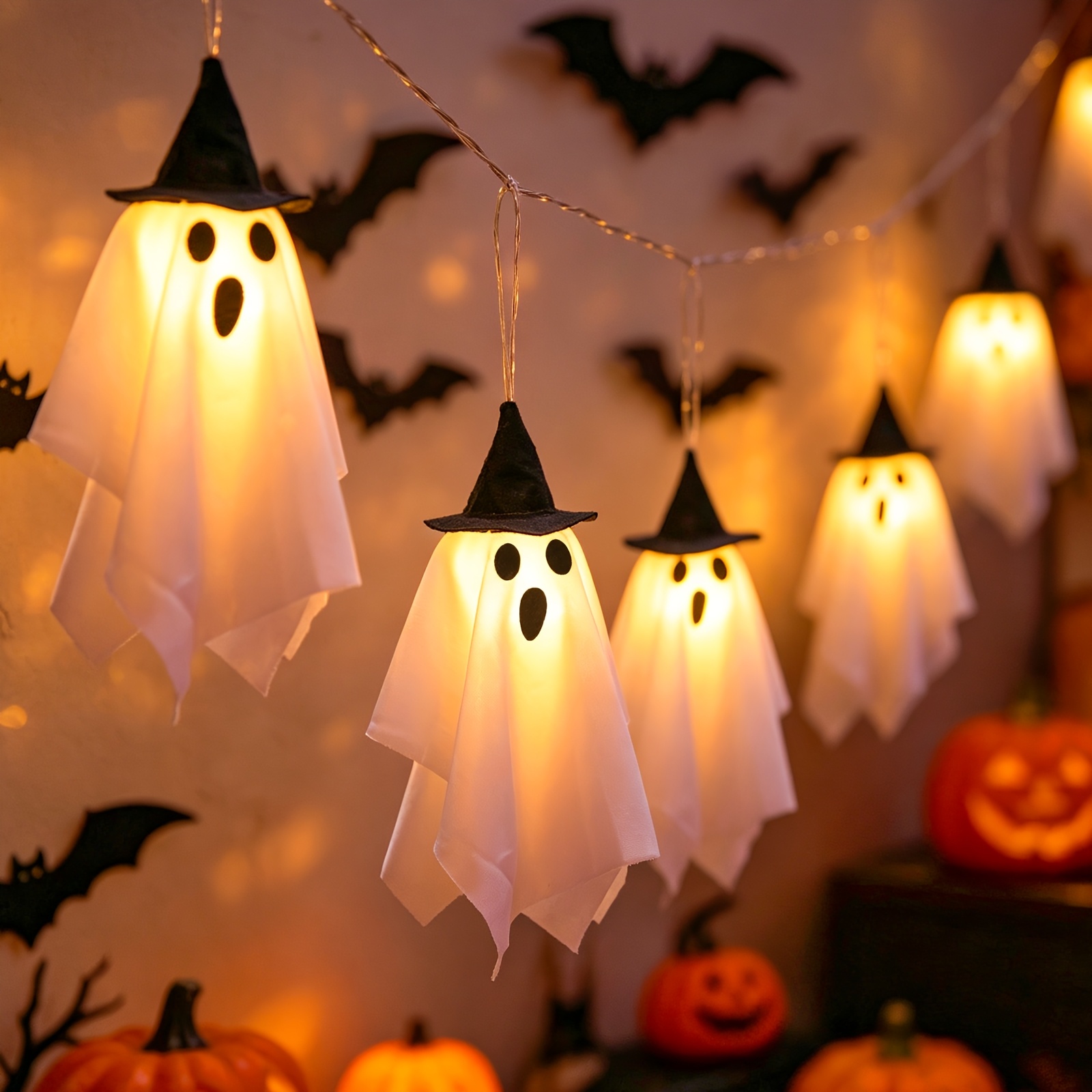 item picture 2026 new style 1 set 8 hanging halloween lights   hat ghost icicle lights ghost curtain lights halloween lights horror decorations   decorations fluorescent halloween items suitable for  s   yards