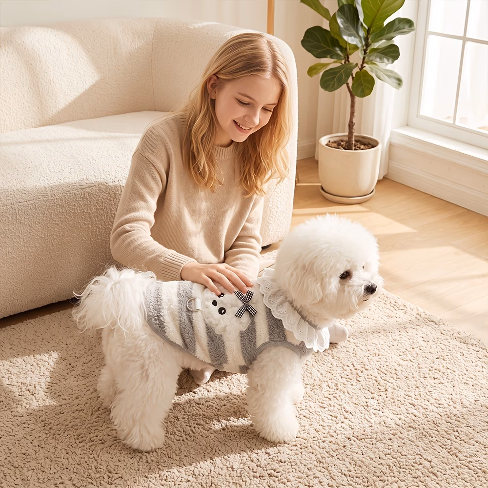 thick striped soft plush dog vest metal d shaped traction ring keeping warm indoors and outdoors in autumn and winter suitable for small and medium sized dogs such as marzis and bichons Product details 3