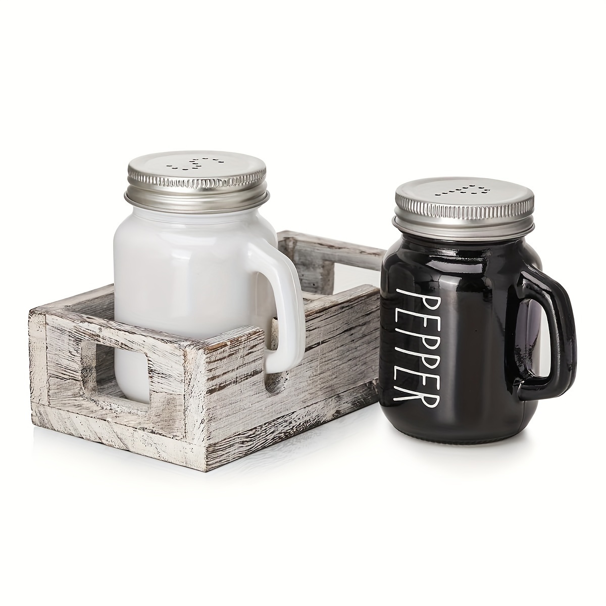 

Glass Mason Jar Salt And Pepper Shaker Set With Wooden Caddy - Classic Black & White, Food Grade, Non-toxic, Bpa-free, Dishwasher Safe, Patterned Design - 4oz Shakers