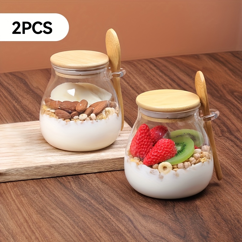 TEMU Vasos de vidrio de 11.96 oz, juego de tazas para avena nocturna de 1/2/3/4 piezas, cuencos de ensalada tipo tarro de cristal para preparación de