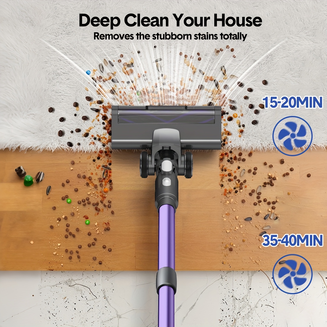 70千帕8合1无绳手持吸尘器，配备无电机，2种模式（普通/水平），长达长达40分钟，升级2600毫安时电池容量，防缠绕轻量刷头，超静音设计，适用于局部、硬质地板及瓷砖表面，轻松清晰宠物玩具（紫色/蓝色/绿色）商品详情 6
