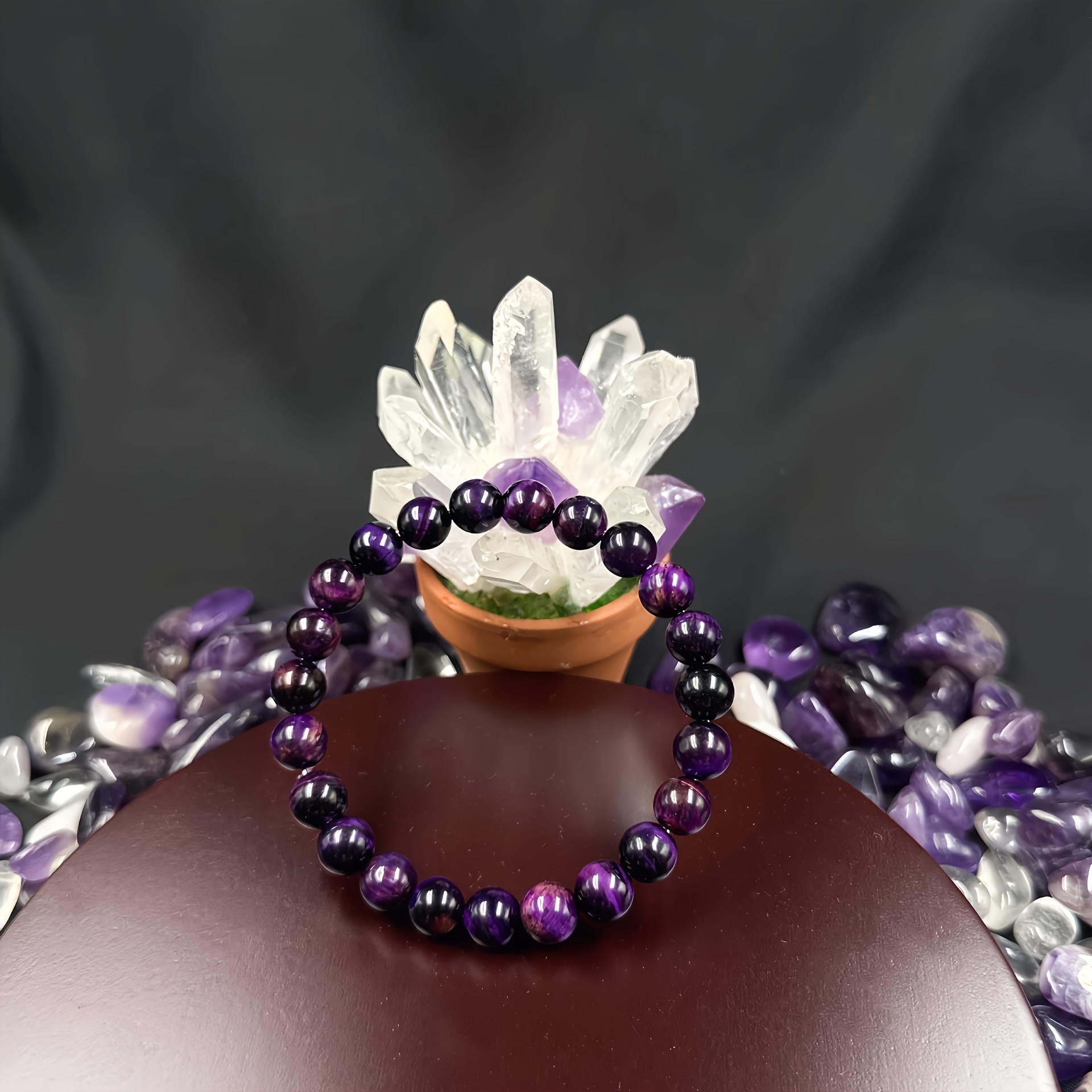 TEMU Elegant Vintage Purple Natural Eye Stone Bracelet For Women - Symbolizes Strength, Beaded Jewelry Gift For Valentine's Day, Birthdays & Casual Attire, Tiger Eye Jewelry