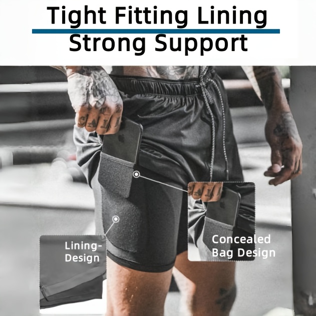 calções de fitness respiráveis de 2 camadas para homem - secagem rápida, amigáveis com a pele, cintura com  , calções de treino desportivo de verão com bolso com estampa de  , confortáveis para correr e ginásio, calções de ginásio | calções com estampa de   | tecido de secagem rápida detalhes 1