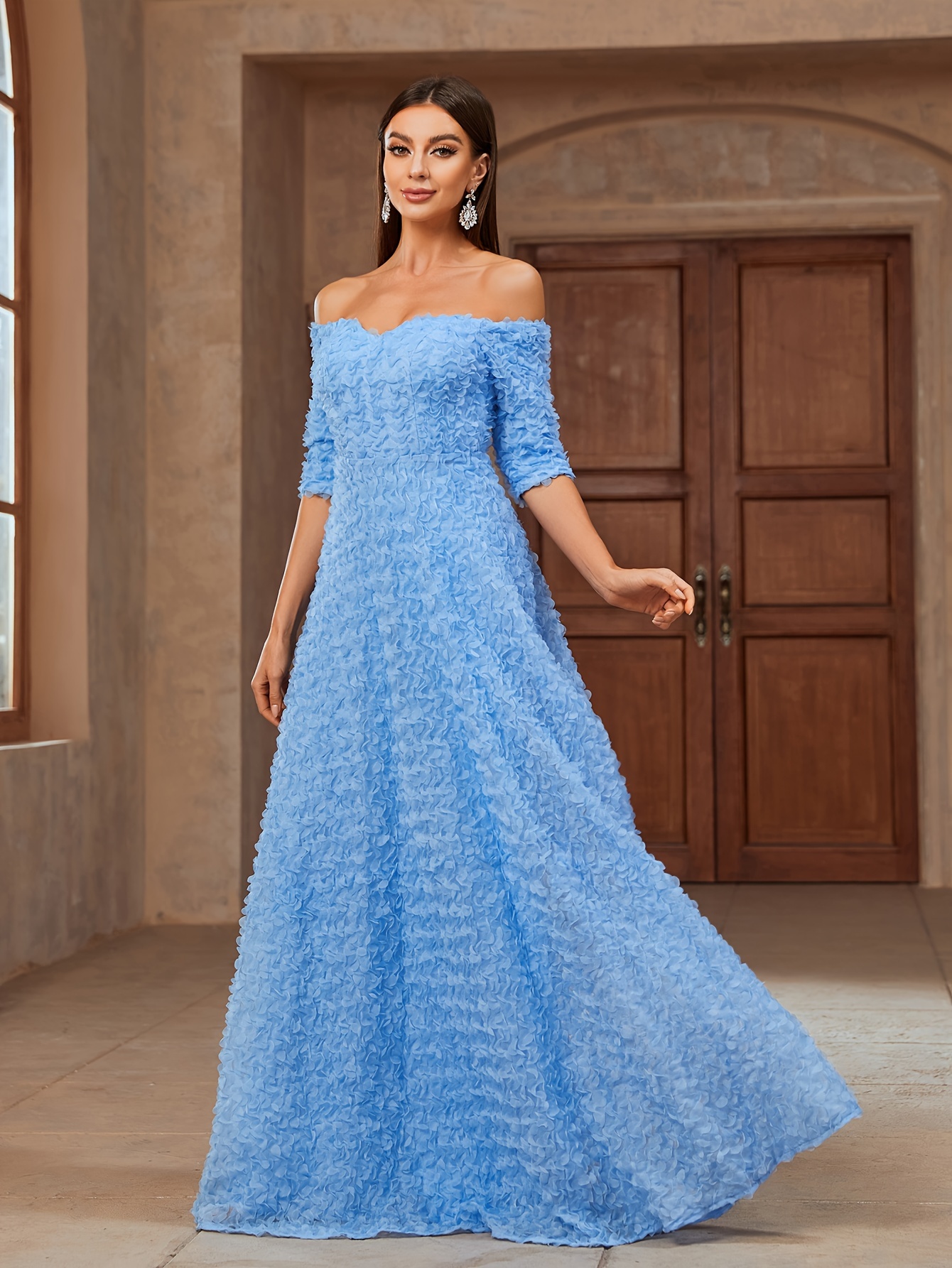 Applique Off Shoulder Solid Color Dress Elegant Half Sleeve Evening Dress For Party Banquet Women s Clothing