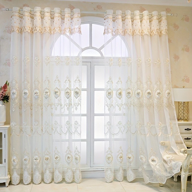 Image of 2pcs European Three-dimensional Relief Flower Sheer Tulle Embroidery Curtain For Living Room Bedroom Door Window Grommet Curtain Bedroom Living Room Home Partition Drapes