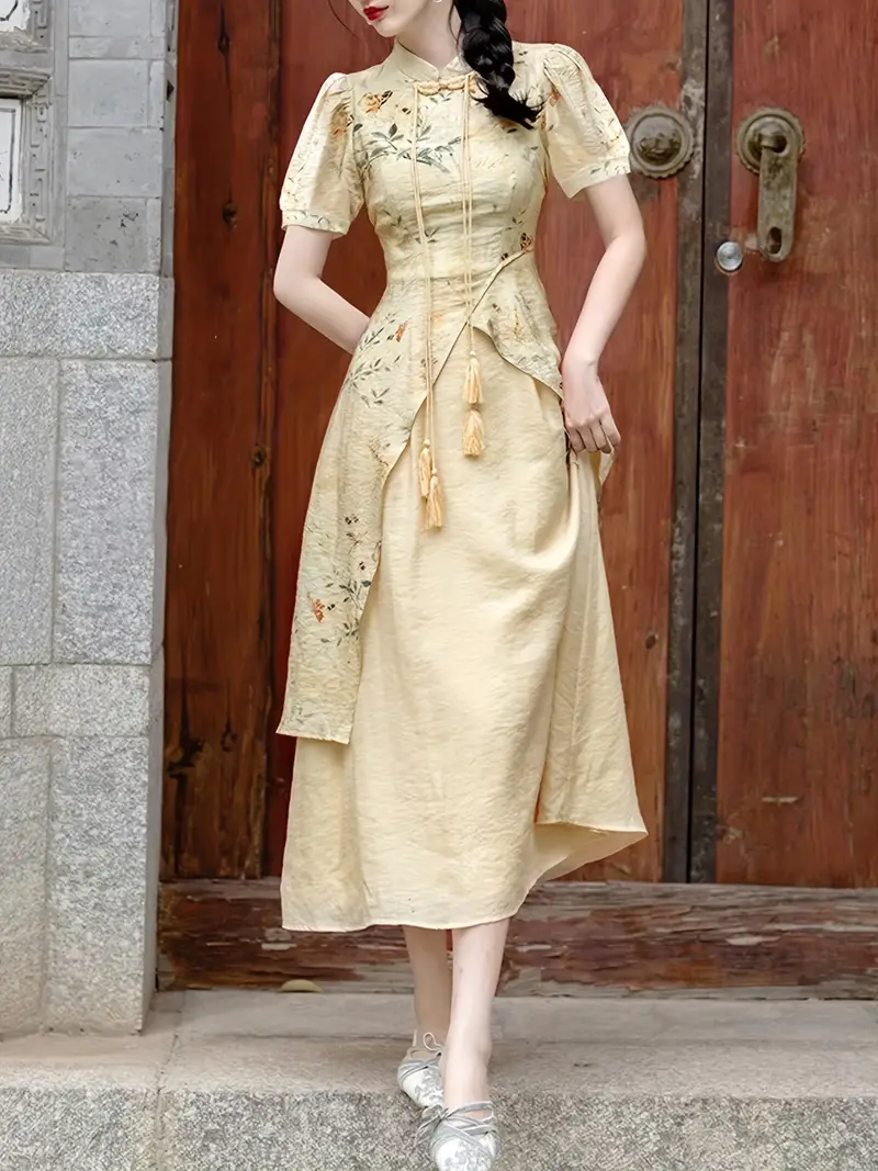 chinese flowy dress Chinese Style Maxi Dress Elegant Short Sleeve Princess Dress