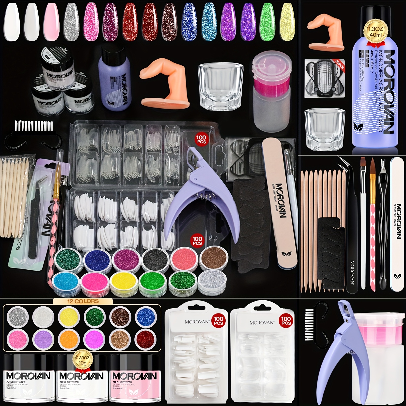 MOROVAN Super Value Nail Art Set: PINK CLEAR WHITE Acrylic Powder Combination, One Bottle Of 1.35oz Nail Liquid, A Tool Kit with Nail Clippers, And12color Glitter Powder. All-in-one Solution to Effortlessly Create Stunning Nails.Gift Advanced Nail Art