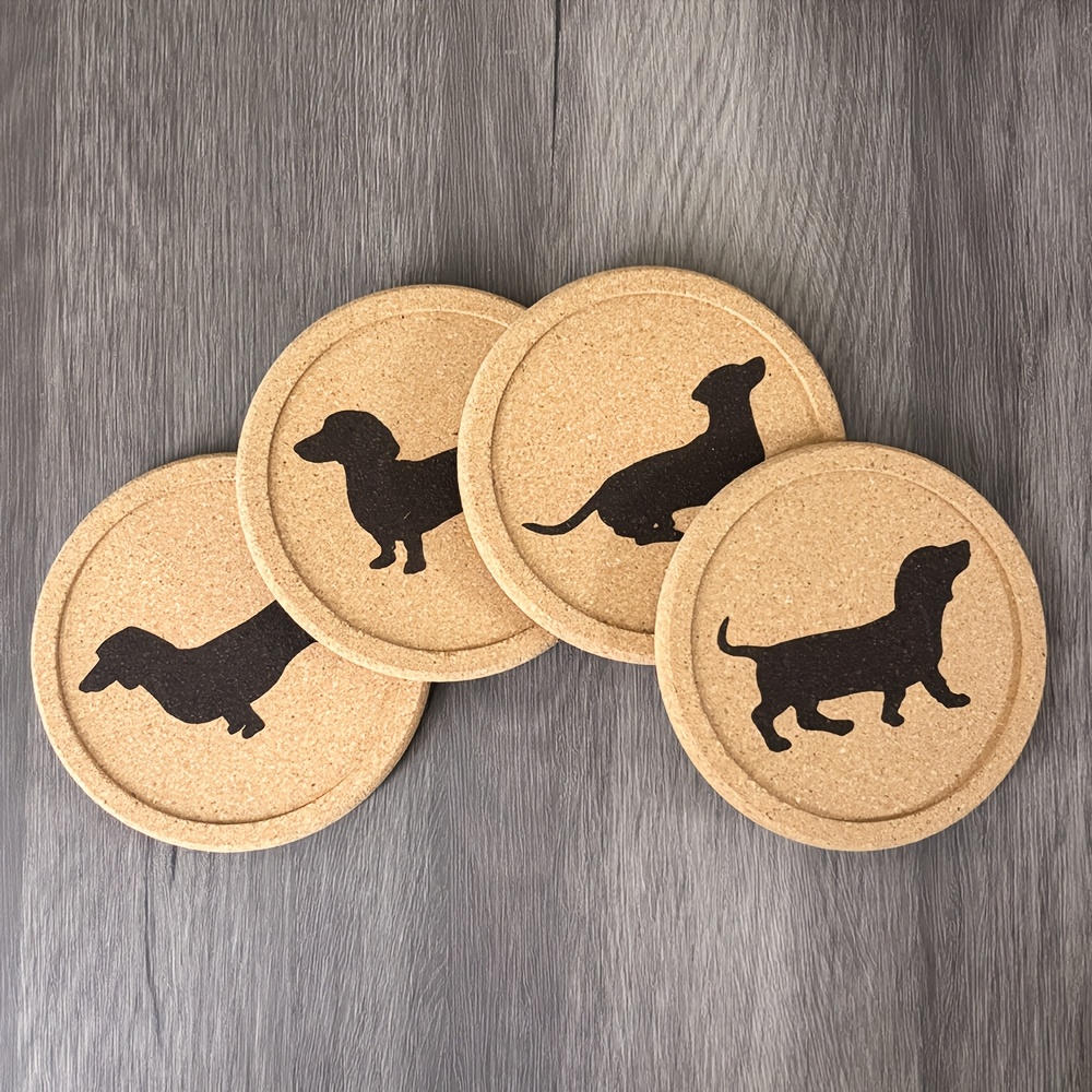 4pcs With Grooved Round Edge Thickened Cork Coasters Creative Engraved Dachshund Designs Pattern, Suitable For Mugs Glasses Coffee Coasters, Tabletop Decoration Coaster, Dog Lovers New Year Gift