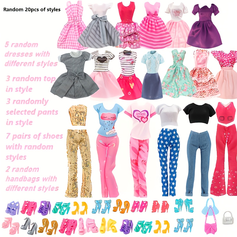 Image of 20pcs 30cm/11.82 Female Doll Costume, Designed With 5 Dresses, 3 Tops, 3 Pants, 7 Pairs Of Shoes, 2 Bags, Gift, Christmas, Birthday Gift, Excluding Dolls