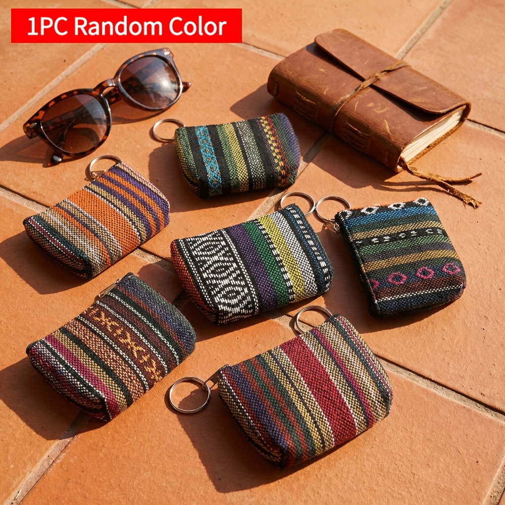 TEMU Wallet, Bohemian-style Striped Fabric Coin Purse And Card Holder, 1pc With Random Color, Coin Purse With Hanging Ring Design, Compact, Stylish,