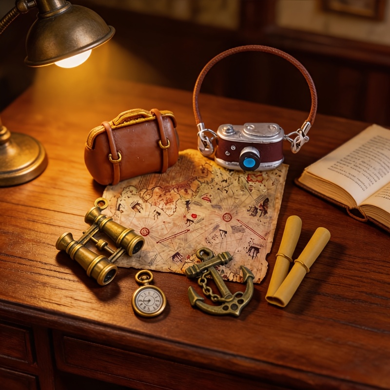 TEMU 1 Set Of 8pcs Miniature Nautical Voyage Set, Themed Miniature Ornamental Models, 1:12 Scale Vintage Telescope, Travel Bag, Camera, Pocket Watch,