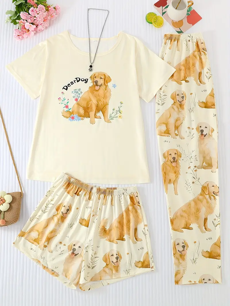 crew neck three piece apricot floral golden retriever puppy animal print adult pajama set short sleeve top and loose elastic shorts and pants casual womens pajama and loungewear set all year round Product details 0