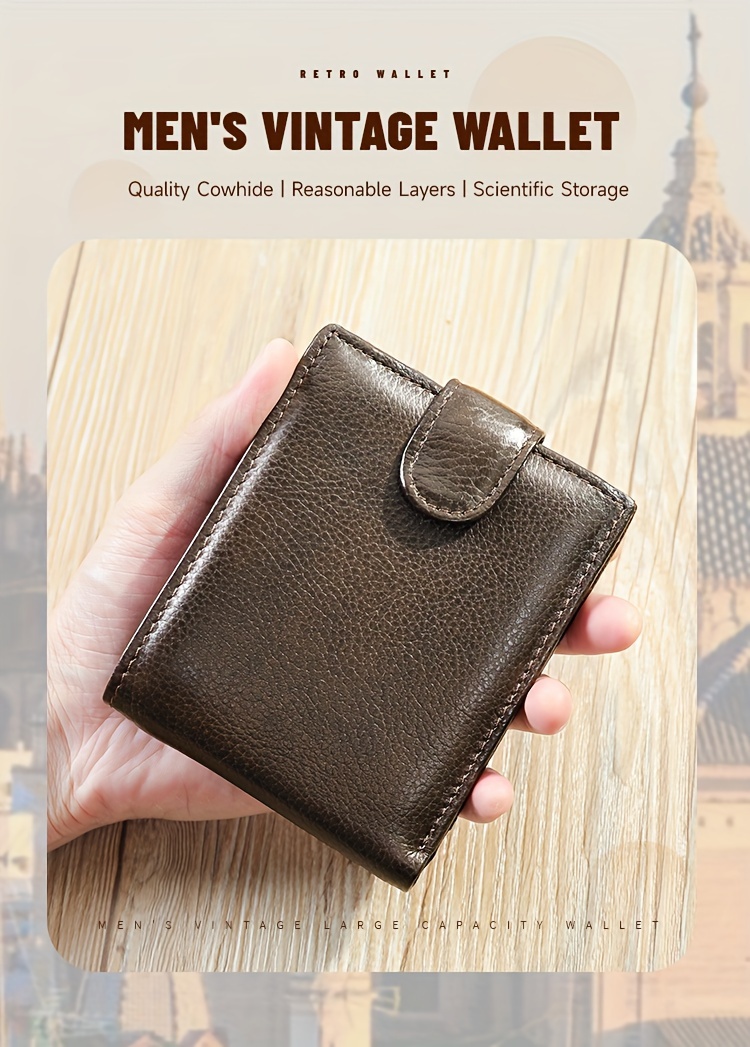 Men'S Genuine Leather Wallet, Minimalist Multi-Grid Card Case, Top Layer Cowhide Short Wallet