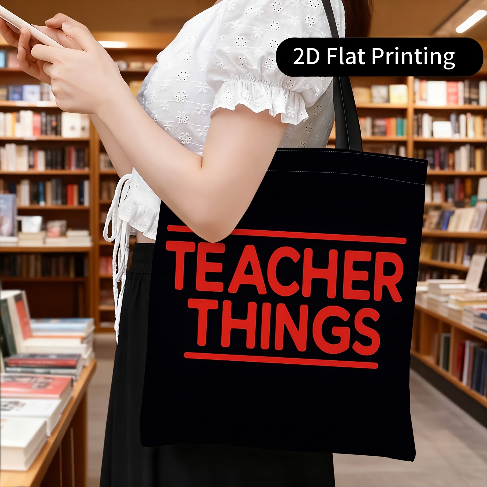 TEMU 1 pz Borsa stampata con scritta "Things for Teachers", Font , Sfondo - Borsa portatile per shopping, Borsa portaoggetti, Borsa a spalla, Borsa