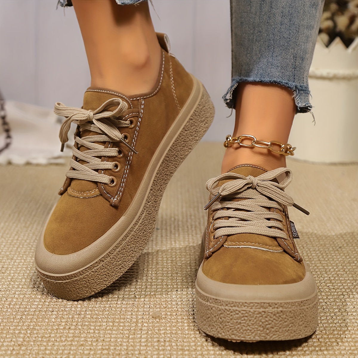 

Casual Shoes Round Toe Women's Shoes Sneakers Low Top Khaki Lace Up