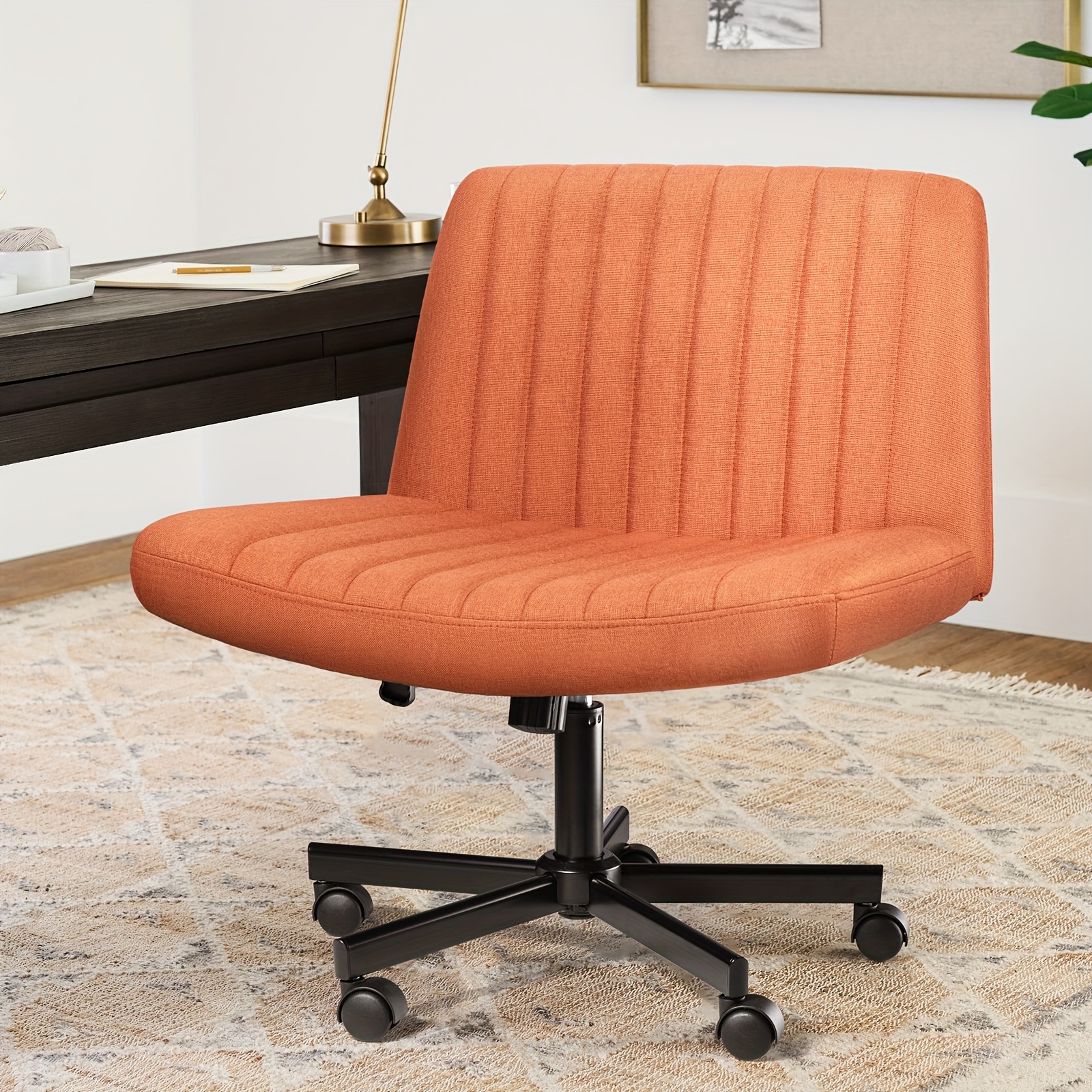 

Lemberi Criss Corss Chair With Wheels, Fabric Padded Armless Wide Office Desk Chairs, 120° Rocking Swivel Mid Back Computer Task Vanity Chair For Home Office, Small Space