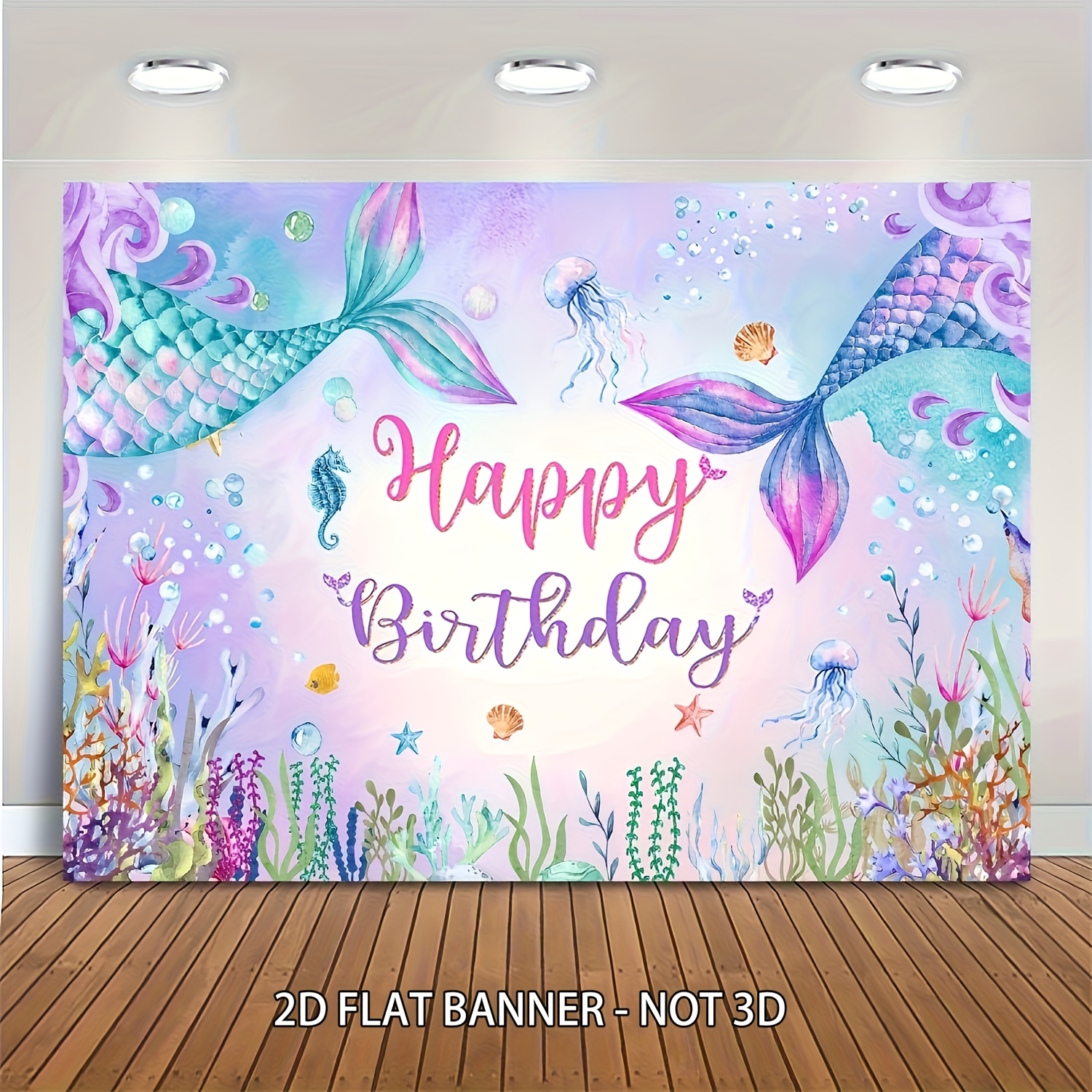 Image of 2d Flat Banner Mermaid Birthday Backdrop Under The Sea Birthday Party Decoration For Female Blue Purple Mermaid Tails Photography Background