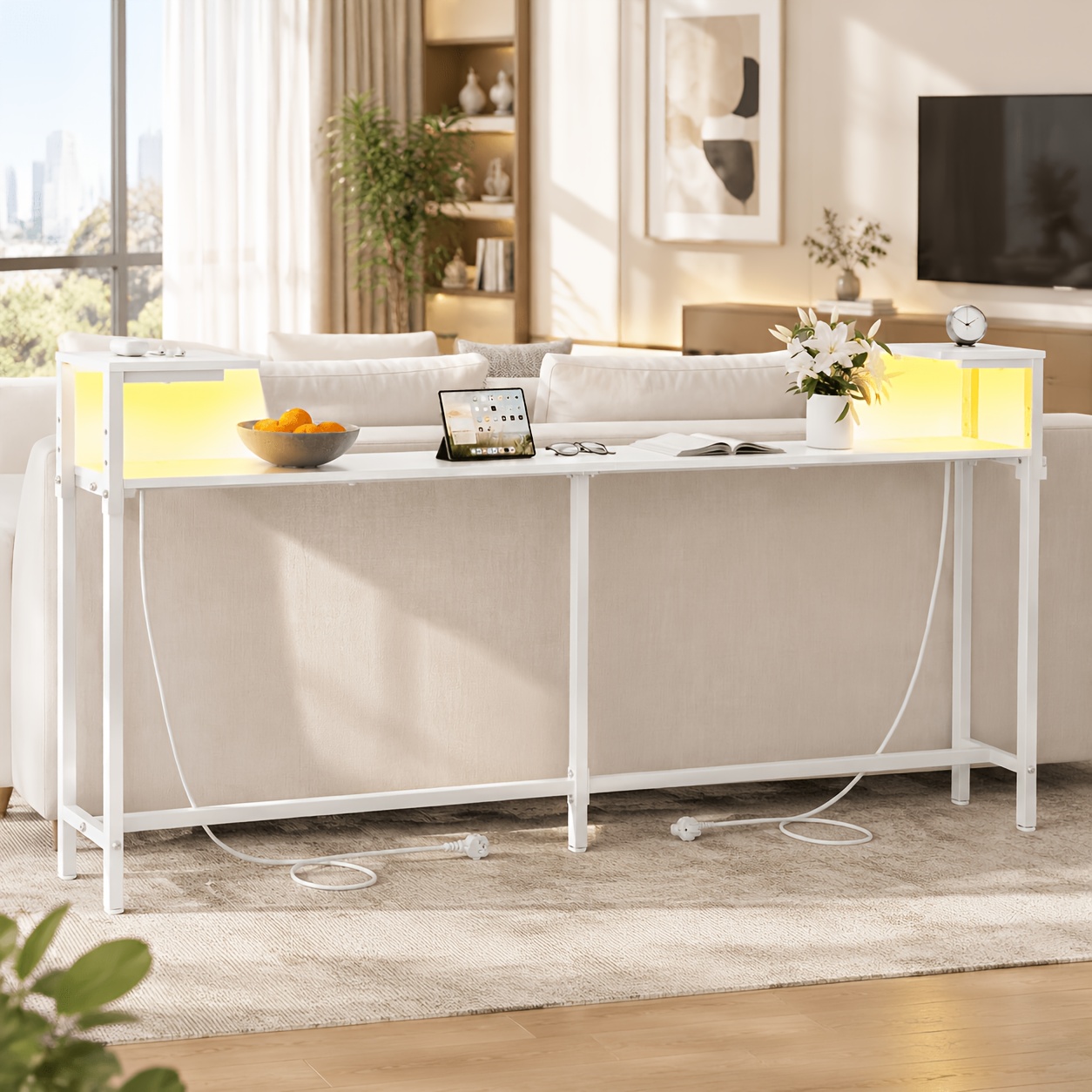 Image of 71 Inch Narrow Console Table With Outlet, Compact Table For Behind The Sofa, Narrow Long Sofa Table With Led Light For Living Room, Entryway Desk With Double Storage Shelves, Rustic Brown