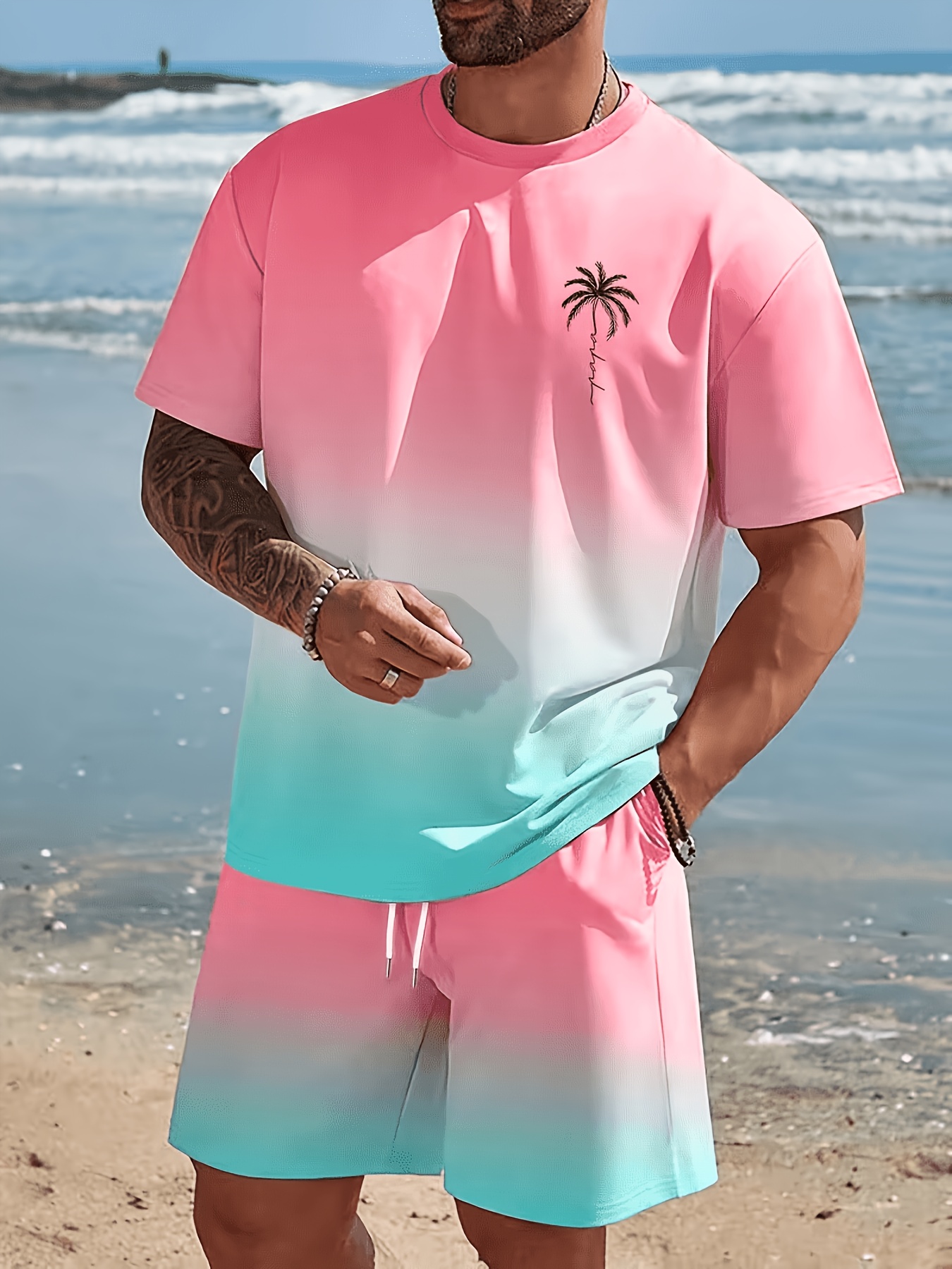 2pcs 1 set mens casual sportswear hawaiian style gradient design round neck short sleeved t shirt and elastic waistband shorts suitable for summer outdoor activities