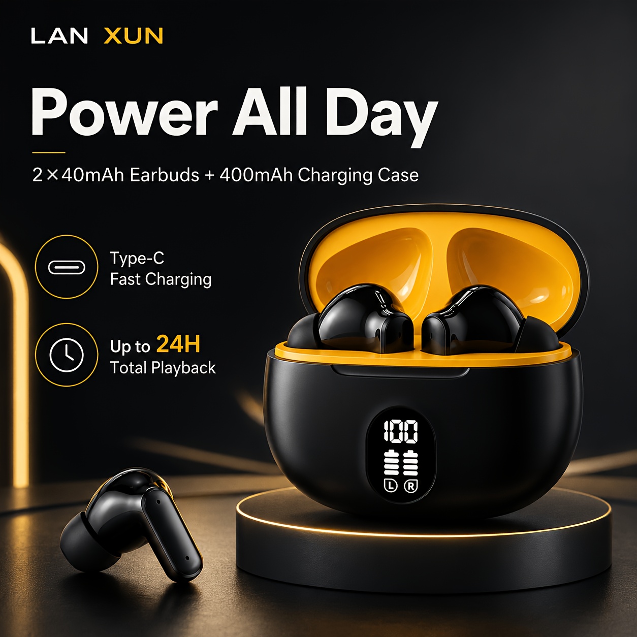 Wireless Earphones, True Wireless Earbuds with LED Display and Wireless Charging Box, Anti-Drop Sports Earphones with Microphone