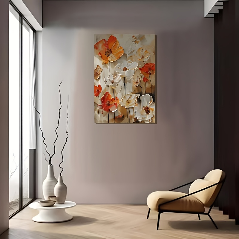 TEMU 2d Flat, 2d Flat, 1pc Abstract Floral Pattern Canvas Painting With Frame, Featuring Flowers In Orange And White Tones As Subject With . Suitable