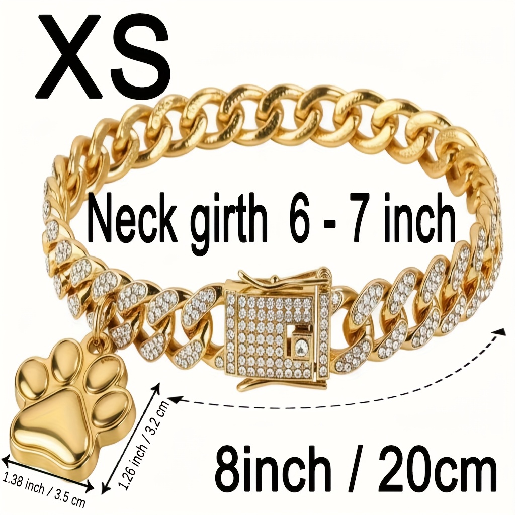 TEMU 1pc Sparkling Pet Necklace With 3d Footprint Labels, Cool Dog Collar, Cuban Chain Inlaid With Artificial Diamonds, Suitable For Small, Medium,
