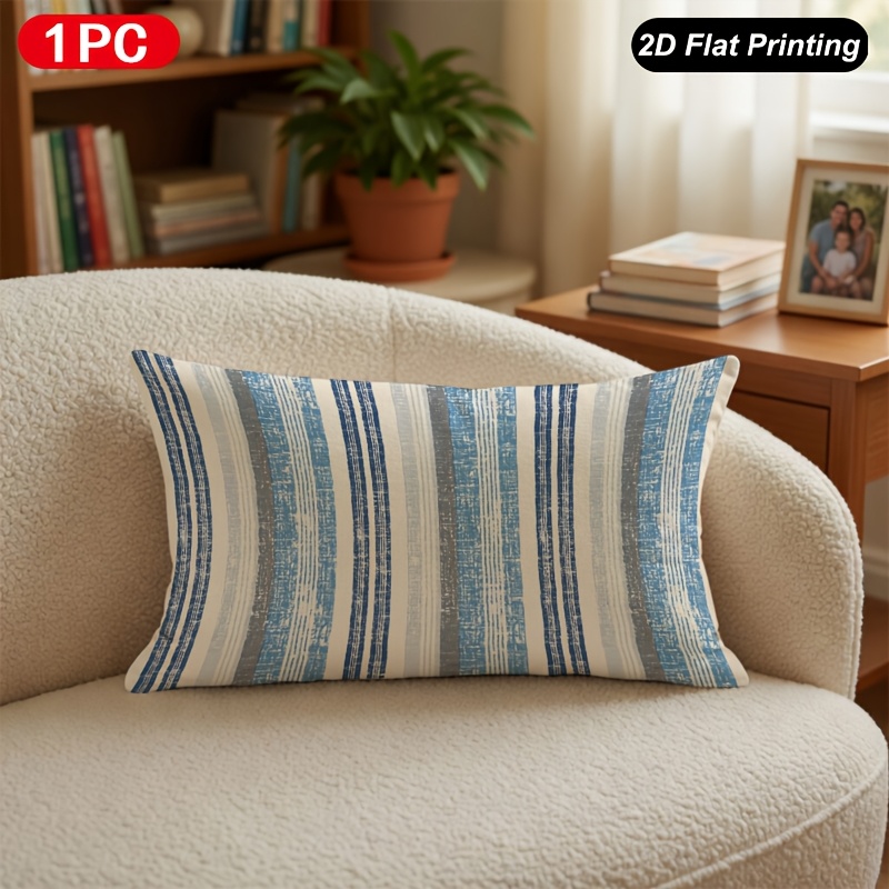 TEMU 2d Flat - 1pc 2d Flat Printing Lumbar Throw Pillow Cover Blue And White Stripe Pattern Pillow Cover For Indoor Outdoor Farm Bedroom Living Room