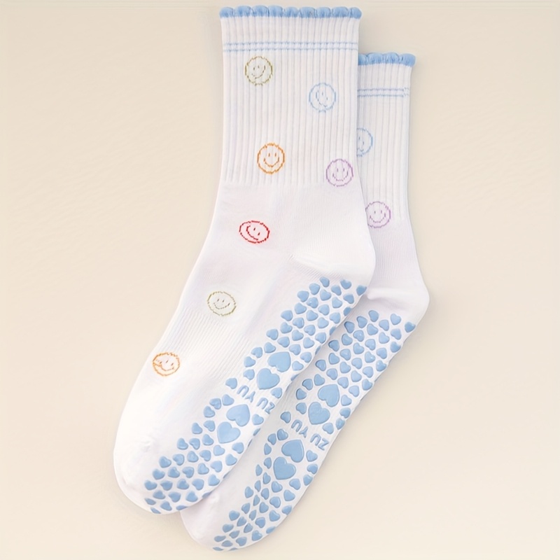 E-shop 1 Paar Damen-Pilates-Socken, rutschfeste Yoga-Socken, Sportsocken, wadenhohe Socken, Damen-Kniestrümpfe, niedliches fröhliches Gesicht-Muster,