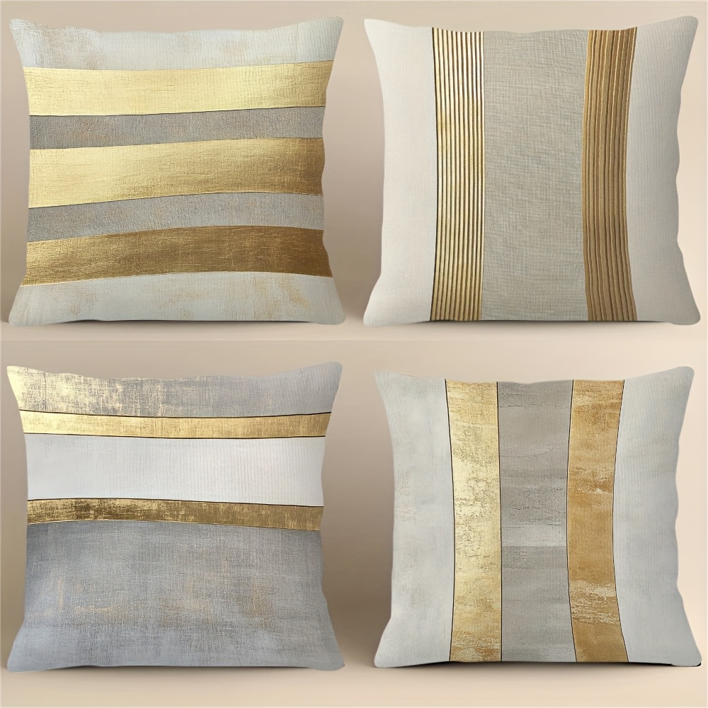 

4pcs Set Golden & Gray Striped Throw Pillow Covers - Soft Polyester, Double-sided Design With Hidden Zipper For - Sofa & Living Room Decor, Christmas & Easter, Not Included Pillow Insert