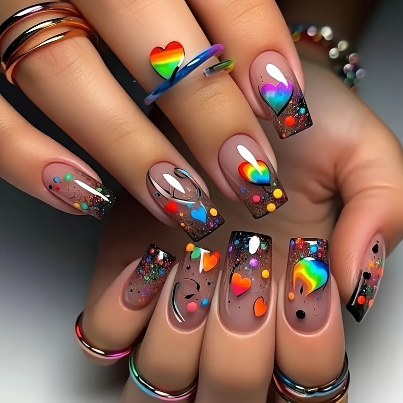 Upgrade Your Look: 24pcs Medium-length Square Press-on Nails In Dark Tones With Heart , Glossy Finish, Detachable False Nails With Jelly Glue And 1 Nail File