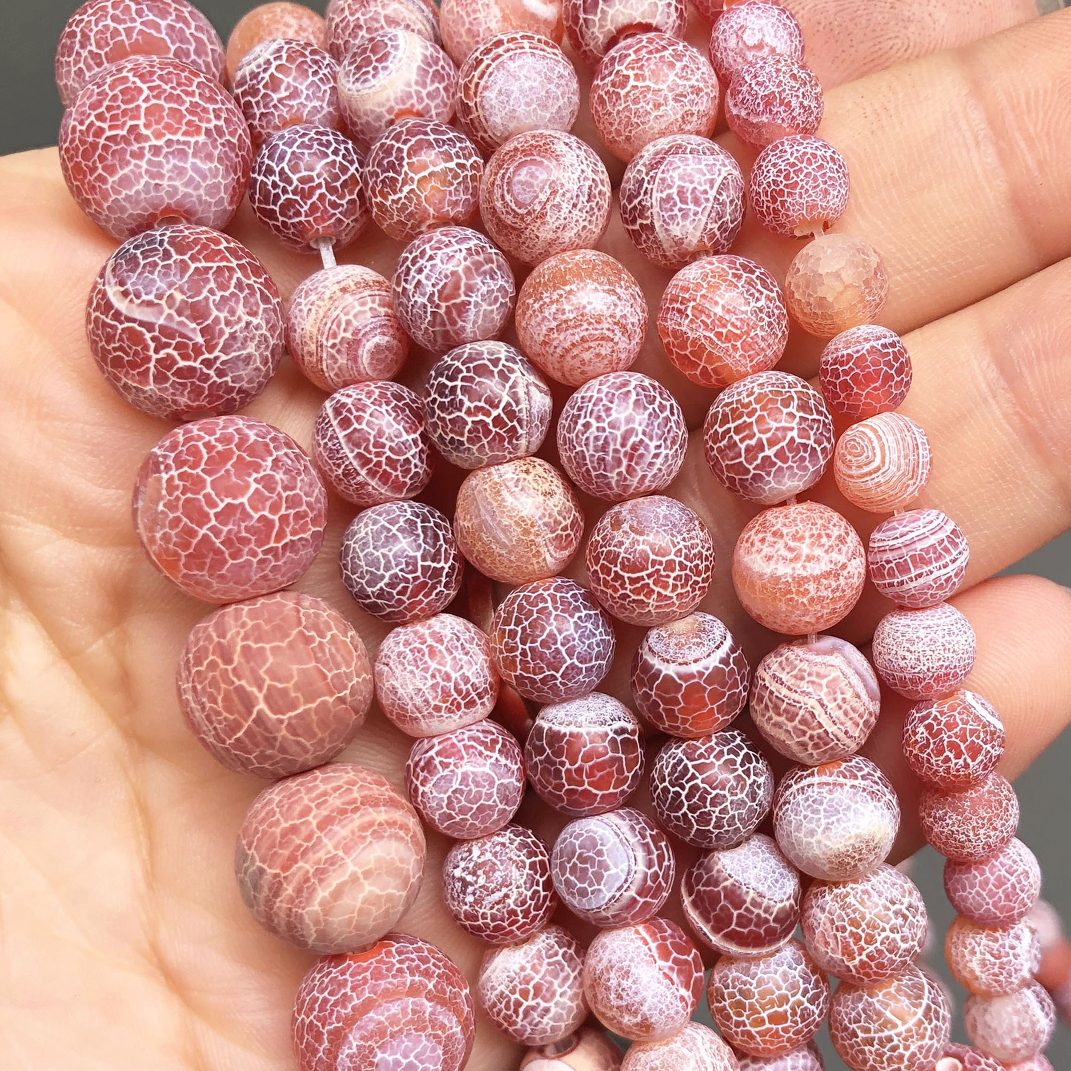 Image of Natural Frosted Red Agate With Crackled Dragon Stone Beads 91/61/46/36pcs Loose Spacer Beads For Jewelry Making Gorgeous Unique Bracelets Necklace Women Gifts Beaded Craft Supplies 4-10mm