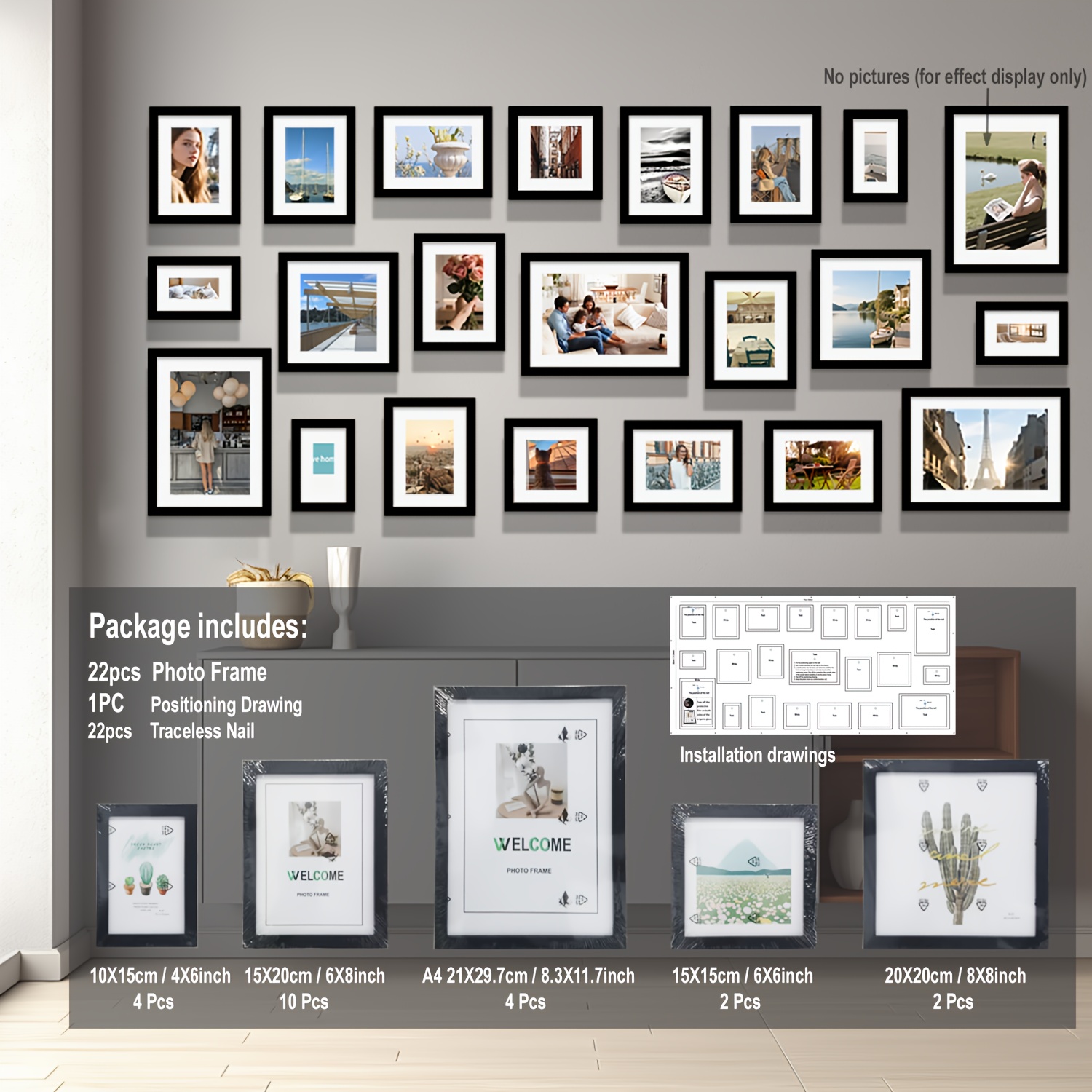 Image of 22pcs Set Of Wooden Photo Frames, Including Installation Diagram, Wall Decoration Photo Frame Set, Suitable For Living Room Wall Decoration