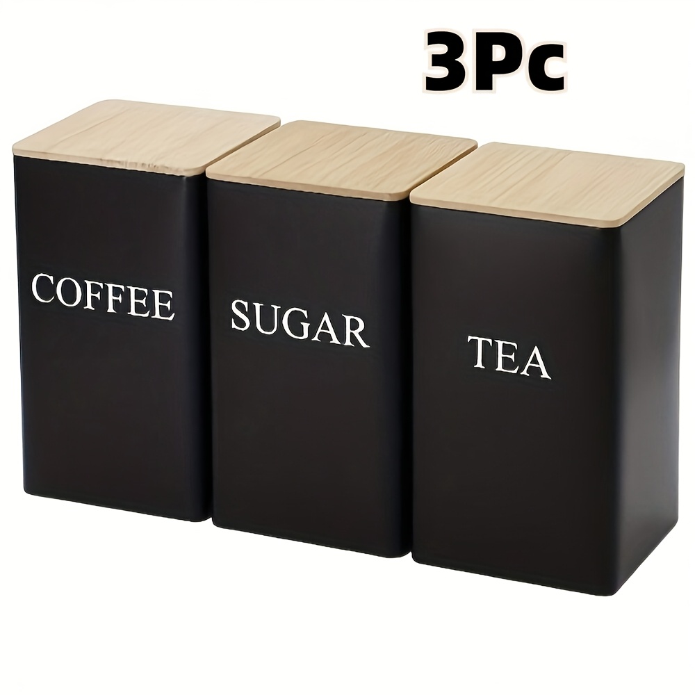 

White Iron Kitchen Canister Set Of 3 - Engraved Coffee, Sugar, Tea Storage Containers With Wooden , Washable & Food-safe Organizers For Office & Dining