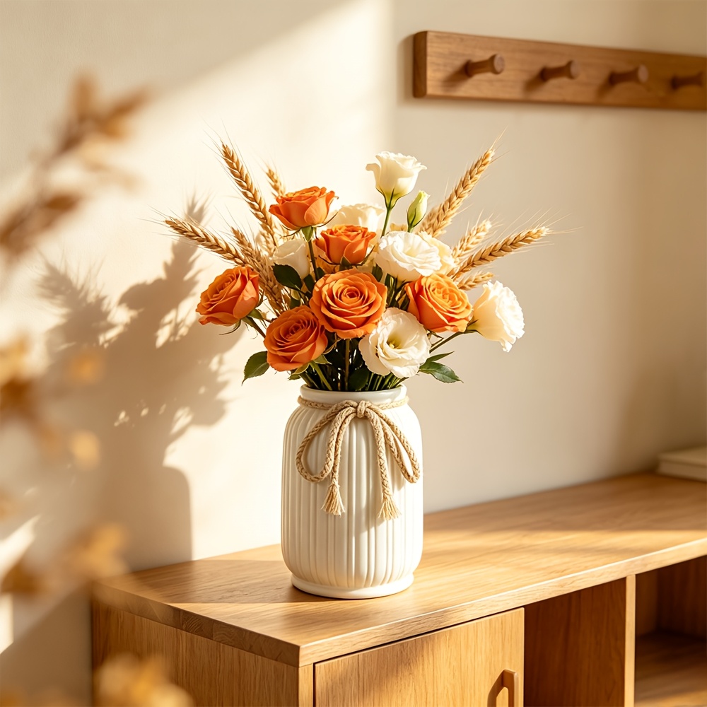 TEMU 1pc White High-gloss Ribbed Plastic Vase Single Piece, Flared Pumpkin Waist And Straight Jar Shape With Jute Bow French Country Style, Sold As