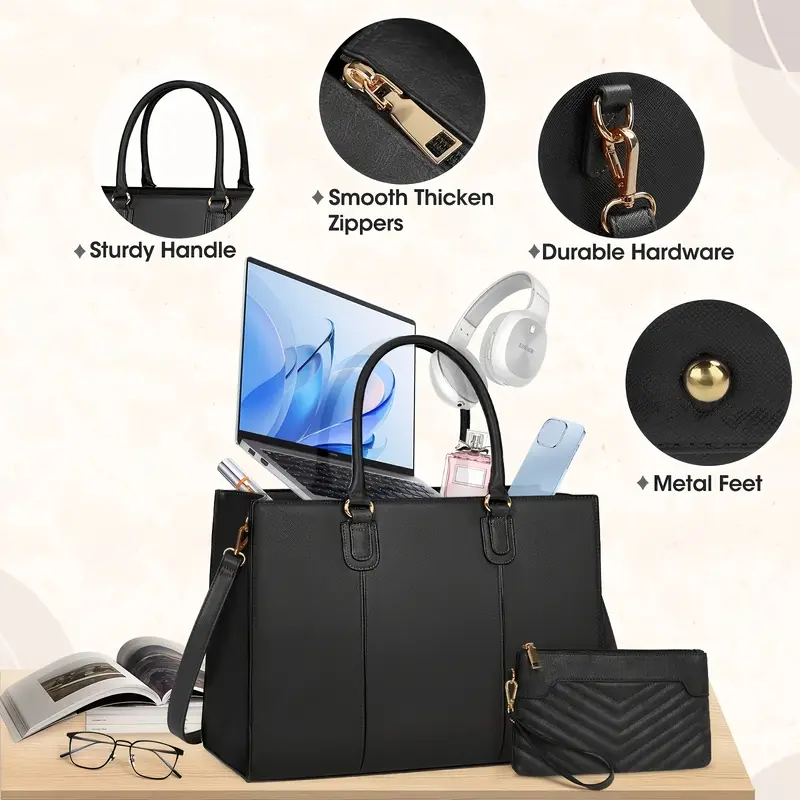 womens 15 6 laptop tote bag black synthetic leather professional shoulder bag with adjustable strap lightweight zipper closure daily business purse office tote bag minimalist style lightweight bag Product details 4