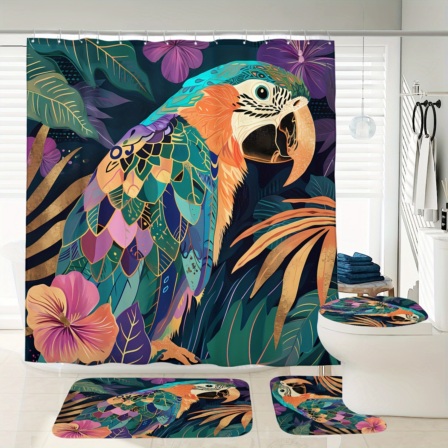 

Vibrant Parrot And Floral Shower Curtain Set With Toilet Seat Cover And Bath Mats - 72" X 72" - Waterproof And Easy To Clean - Perfect For Modern Home Decor
